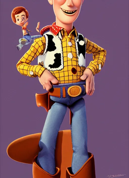 Image similar to portrait of woody from toy story in society ( 1 9 8 9 ), highly detailed, centered, solid color background, digital painting, artstation, concept art, smooth, sharp focus, illustration, donato giancola joseph christian leyendecker, les edwards, ed repka, basil gogos, wlop, artgerm