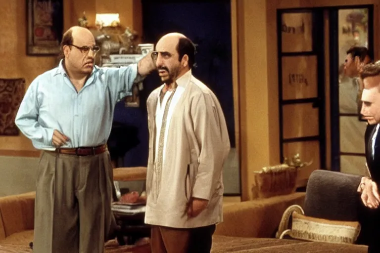 Prompt: Scene from Seinfeld where George Costanza confronts Suleiman the Great