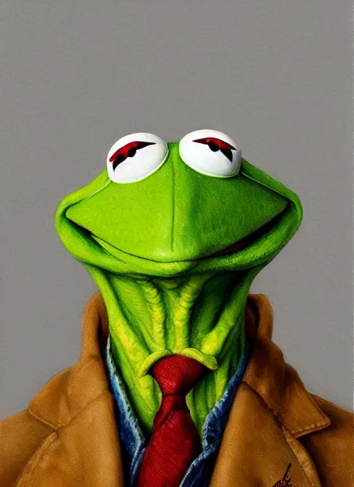 Image similar to portrait of Kermit the frog in Society (1989), highly detailed, centered, solid color background, digital painting, artstation, concept art, smooth, sharp focus, illustration, artgerm, donato giancola, Joseph Christian Leyendecker, Les Edwards, Ed Repka, WLOP