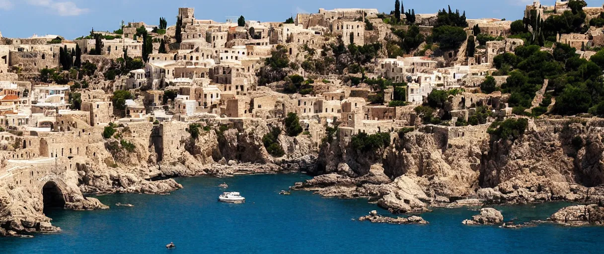 Prompt: ancient mediterranean city, white cliff