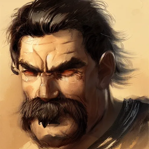 Prompt: portrait cool old barbarian warrior with trucker mustache and short hair, 8 k, trending on art station, by tooth wu and greg rutkowski