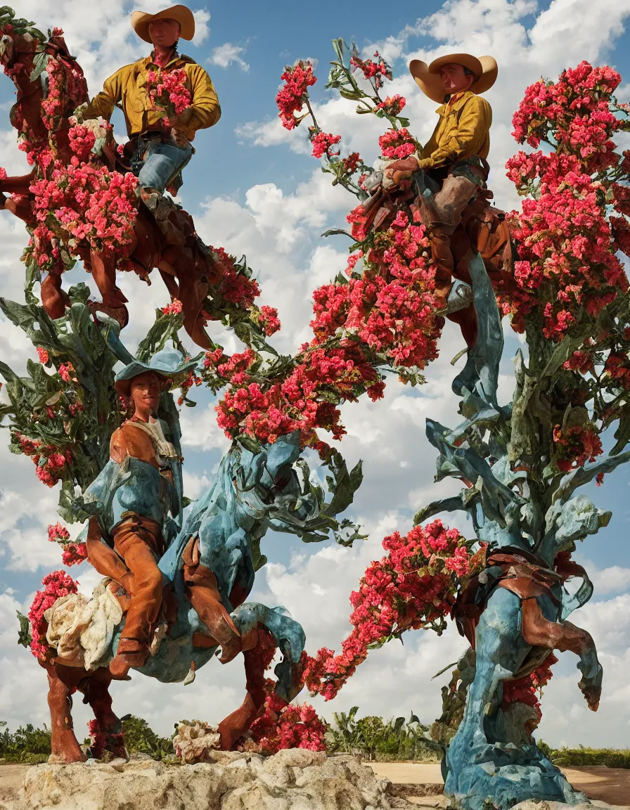 Image similar to a cowboy turning into blooms by slim aarons, by zhang kechun, by lynda benglis. tropical sea slugs, angular sharp tractor tires. complementary colors. warm soft volumetric light. national geographic. 8 k, rendered in octane, smooth gradients. manly cowboy riding a horse sculpture by antonio canova. red accents.