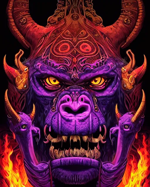 Image similar to barong family member, horns, very muscular, eyes in red fire, red smoke with purple lightning background, wiwek, mara demon, one single tribe member, jungle, one single mask, dark, ancient warrior, gorilla, lizard, inner glow, art by dan mumford and justin gerard