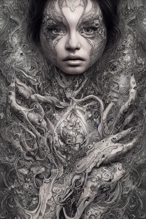 Prompt: A fractal Mesmerizing 8k hyperrealistic Photo Portrait of a pale skinned human with a tattoo by Joe Fenton that is transforming into iridescent geometry, cyberpunk, Surrounded by Mist, highly detailed, intricate, sci-fi, sharp focus, art by Ayami Kojima, Daytoner, Greg Tocchini, James Jean,Yoshitaka Amano. Subsurface scattering. Octane Render.
