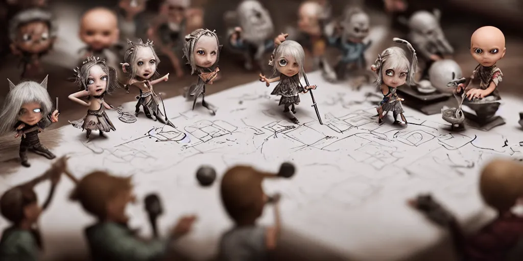 Image similar to closeup portrait of tiny d & d minis on white paper table in an artist workshop, depth of field, zeiss lens, detailed, centered, fashion photoshoot, by nicoletta ceccoli, mark ryden, lostfish, breathtaking, 8 k resolution, extremely detailed, beautiful, establishing shot, artistic, hyperrealistic, octane render