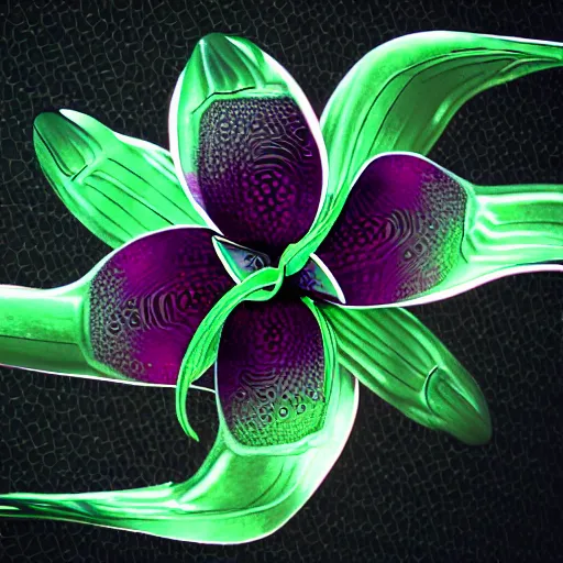 Image similar to metal orchid flower, futuristic, shiny, high detail, glitch art