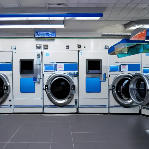 Image similar to photo of futuristic laundromat, year 2500, 8k