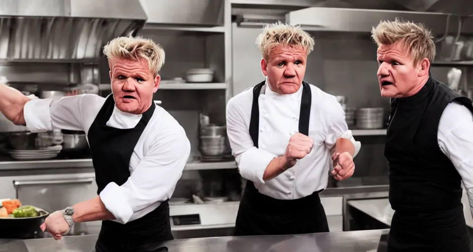 Image similar to photo of angry furious Gordon Ramsay punching Gordon Ramsay at the kitchen