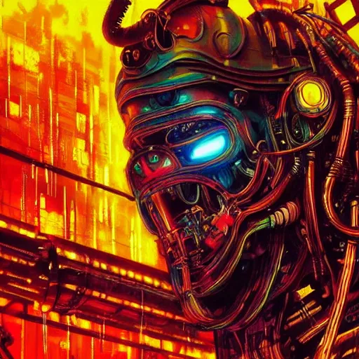 Image similar to cyberpunk robot tiger, big jaws and neon lights, metal exposed and wires, highly detailed cyberpunk 2 0 7 7 and beksinski style painting