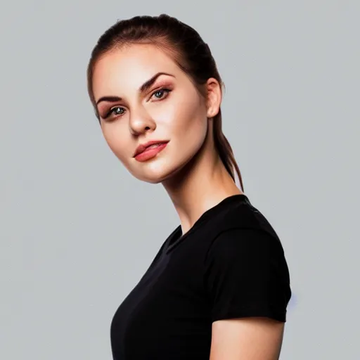 Image similar to clear photorealistic mockup product photograph of a blank black tshirt on an attractive female model in front of an indoor room background - h 7 0 4