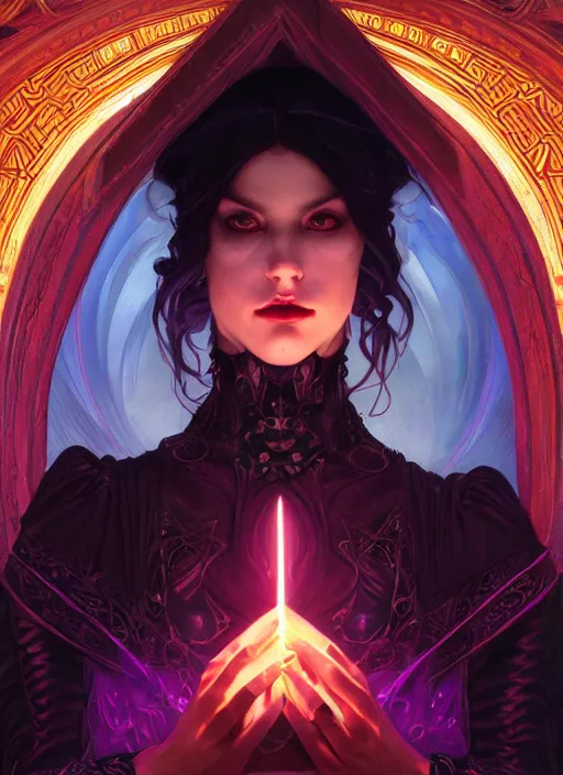 Image similar to book cover, front portrait, dark witch with black hood and evil eyes, realism, soft, smooth, luminescent, art nouveau tarot, backlit glow, colorful swirly ripples, gaudy colors, aesthetic octane render, unreal engine, 8 k, by artgerm, greg rutkowski, alphonse mucha