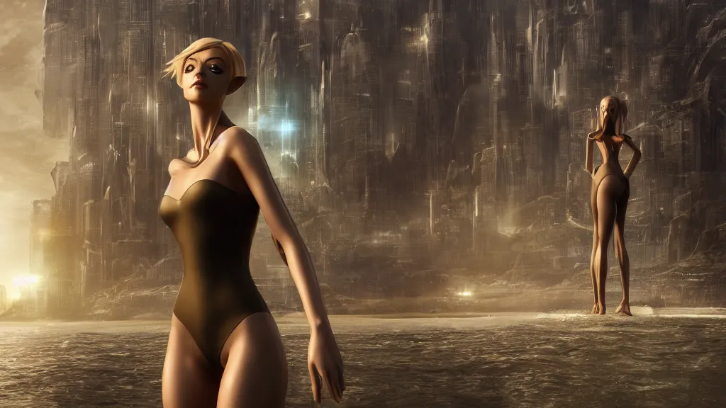 Prompt: 3D render of an centered single beautiful bioengineered implants female elf wearing a bodysuit in front of a gigantic city ruined underwater environment, omnious , elegant, reflections, focus, detailed, realistic eyes, horizontal partial symmetry features proportions, intricate facial skin details, award winning, trending in cgsociety artstation deviant art, octane render