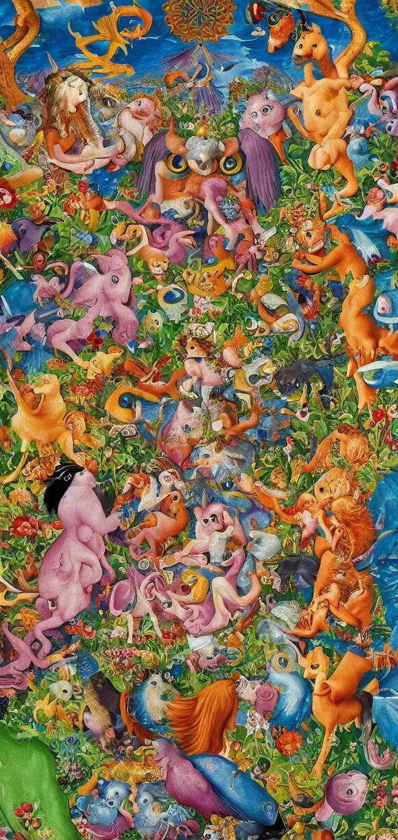 Image similar to an incredibly detailed masterpiece collaborative painting by bosch and lisa frank, ornate, detailed, high resolution, wow!, intricate