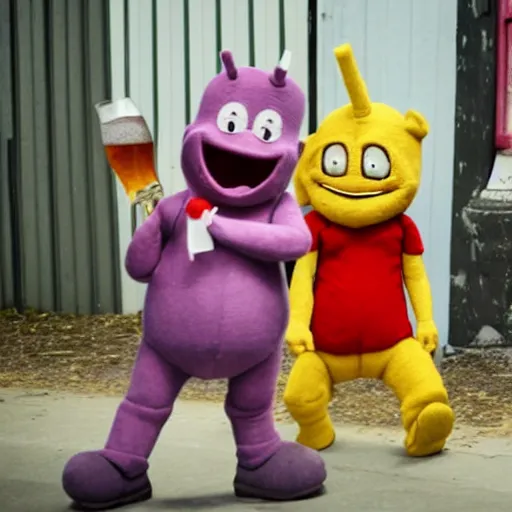 Prompt: a Bruised and sad Teletubby with a bloody nose, standing next to a laughing Teletubby holding a beer