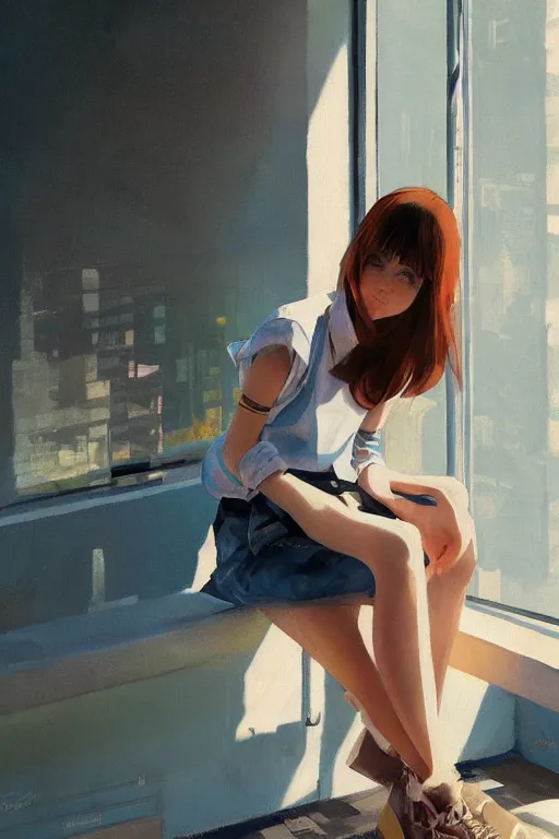 Image similar to A ultradetailed beautiful panting of a stylish woman sitting next to a window, she is wearing streetwear, bright sunny day, Oil painting, by Ilya Kuvshinov, Greg Rutkowski and Makoto Shinkai