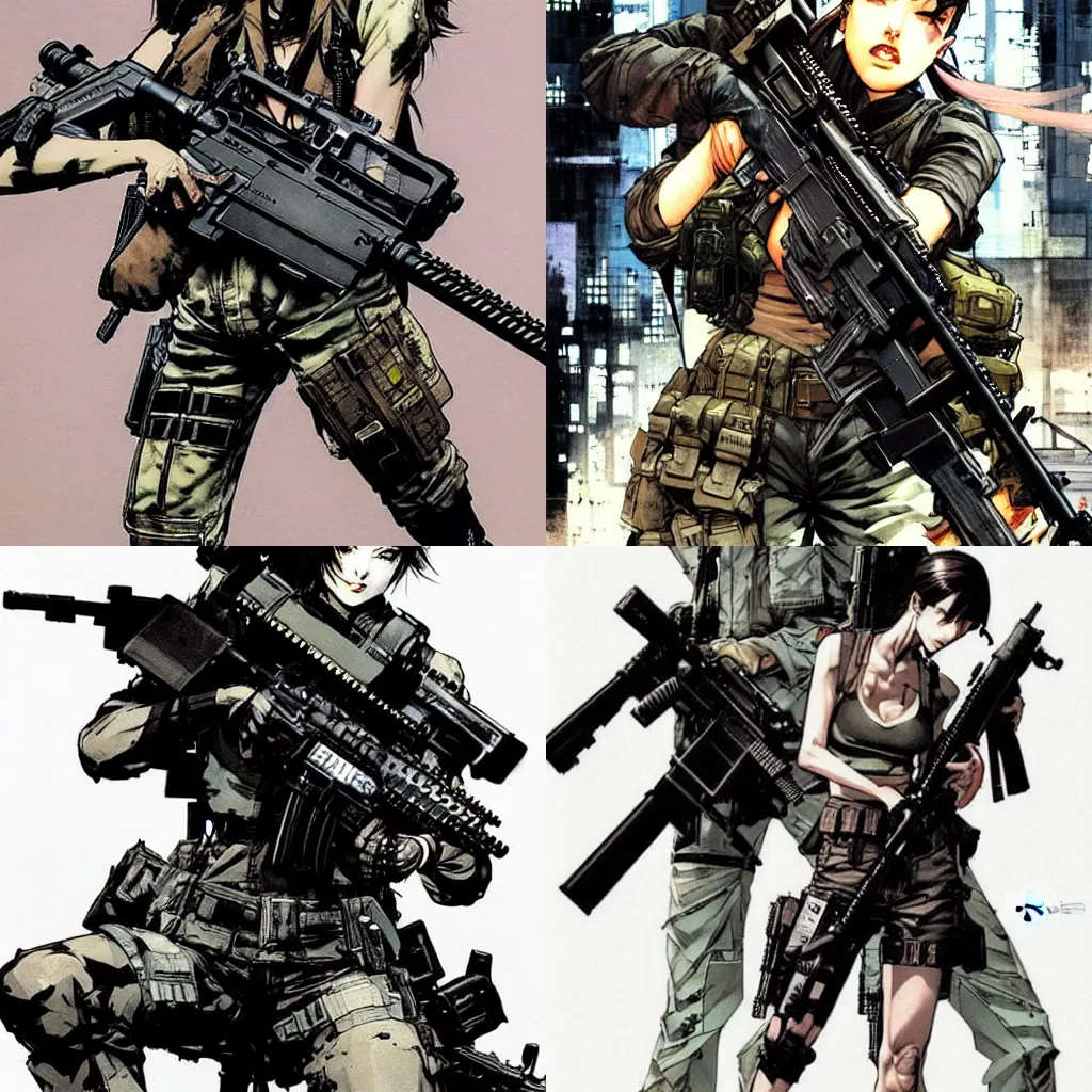 Prompt: beautiful woman holding two m 1 6 assault rifles, comic book art, by yoji shinkawa and takehiko inoue and kim jung gi, masterpiece, perfect