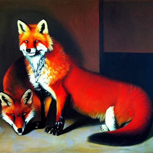 Image similar to only with red, in a red dream world, a crimson tiger tries to close an important deal with a red fox, in the style of beskinsky, part by hopper, part by rodcenko, part by hofbauer, intricate composition and red by caravaggio, insanely quality, masterpiece, oil on canvas, award winning, dramatic,