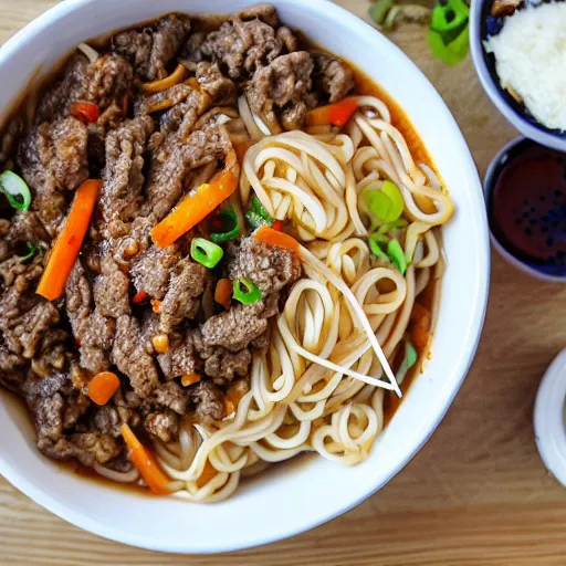 Image similar to a bowl of noodles with mixed beef sauce