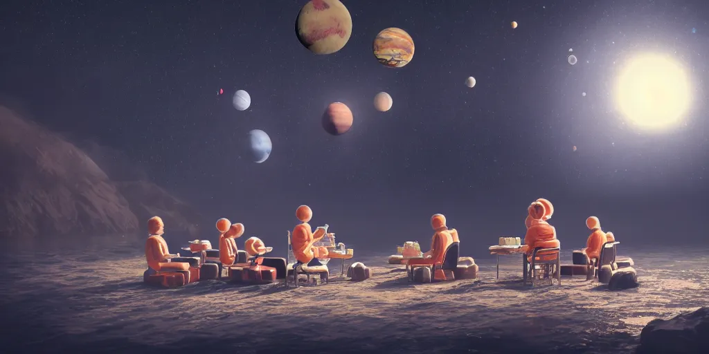 Prompt: twelve astronauts sitting by the river with a big holiday cake + octane render + planets and stars + mystical fog, super detail, high quality