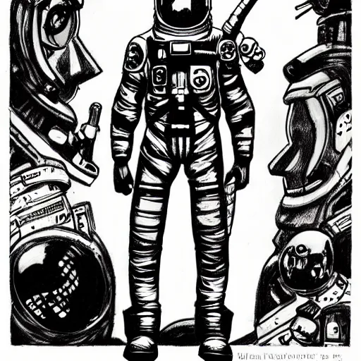 Image similar to character concept art, manga drawing, astronaut, sci fi!!!!, pen and ink illustration, mike mignola, trending on artstation