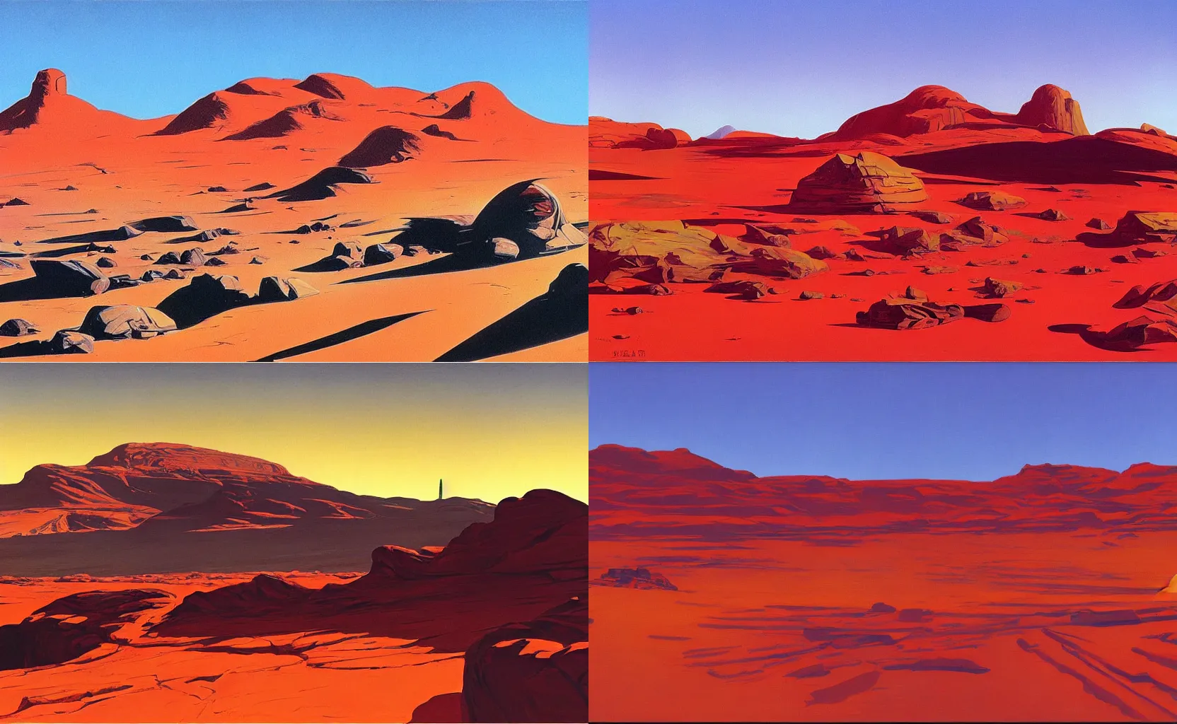 Prompt: a vast martian mountainscape, sci - fi painting by syd mead and edward hopper