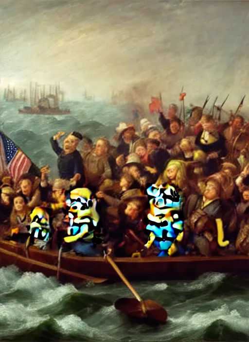 Prompt: minions crossing the delaware, oil painting by emanuel leutze, exact replica