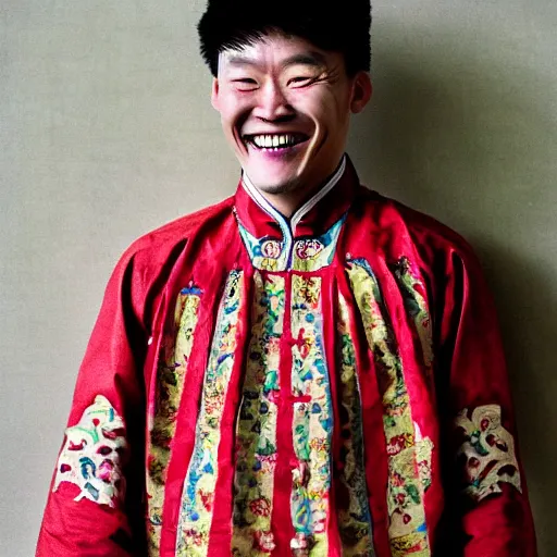 Prompt: surreal photography of smiling kim chen in. kim chen in is wearing traditional - ukrainian folk shirt designed by taras shevchenko.