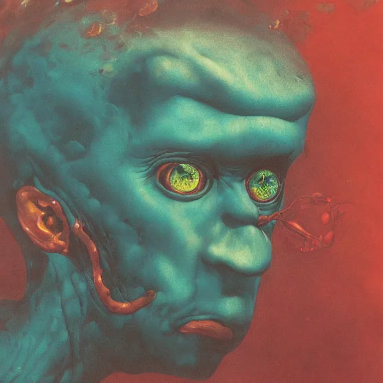 Prompt: Hyperrealistic intensely colored close up studio Photograph portrait of a deep sea bioluminescent Ted Cruz, symmetrical face realistic proportions eye contact golden eyes, Smiling in a coral reef underwater, award-winning portrait oil painting by Norman Rockwell and Zdzisław Beksiński vivid colors high contrast hyperrealism 8k