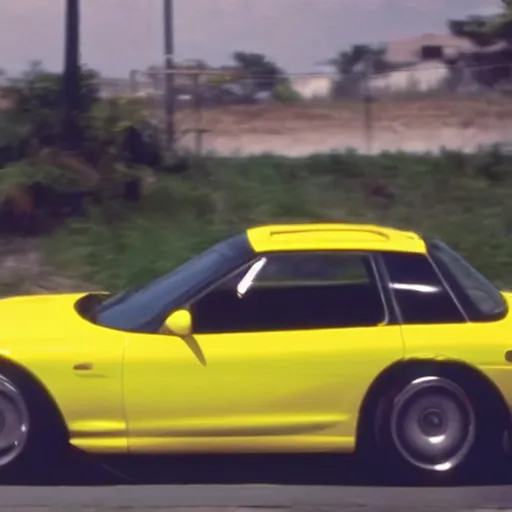 Prompt: yellow RX-7 in film Drive (2012) screen cap ryan gosling driver wide angle 22mm lens cinematic shot