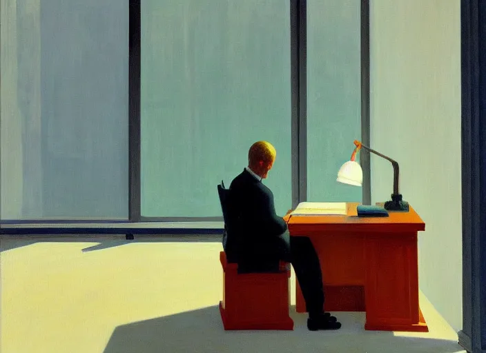 Prompt: painting of a lonely man sitting at his desk in an empty, huge office, in the style of edward hopper, very detailed face