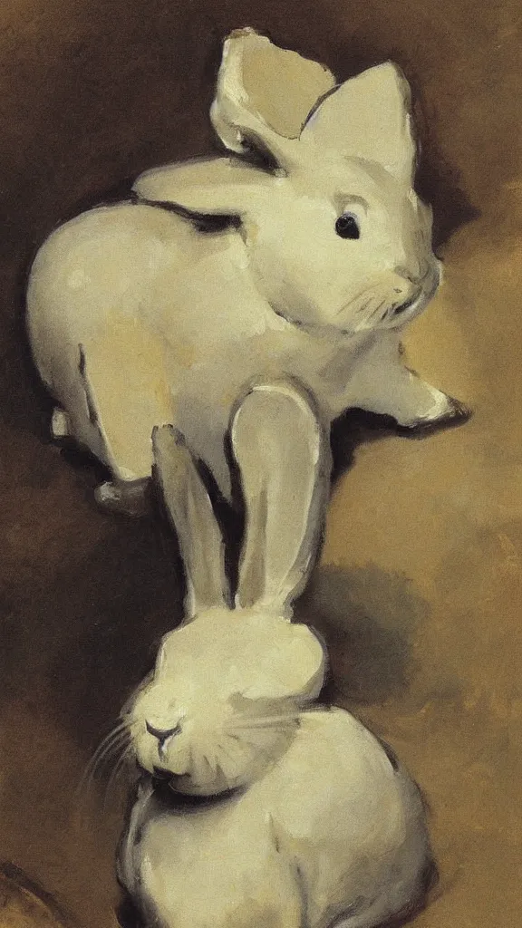 Image similar to a rabbit of stone with a japanese pipe painted by john singer sargent
