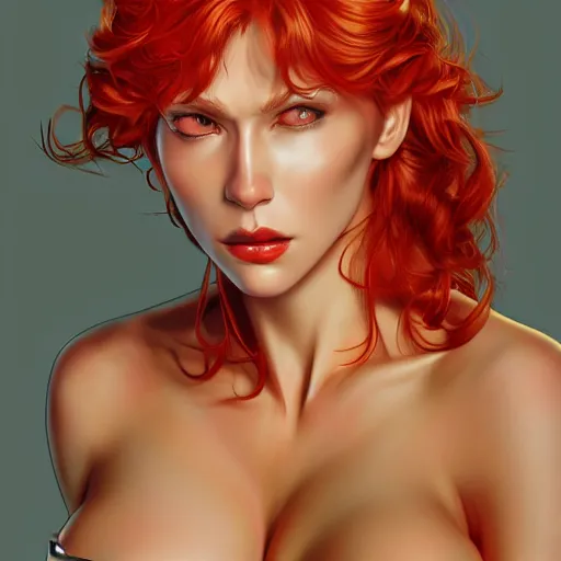 Prompt: Portrait of Sonja Red, intricate upper body, whole body, highly detailed, digital painting, artstation, concept art, smooth, sharp focus, illustration, art by Hajime Sorayama