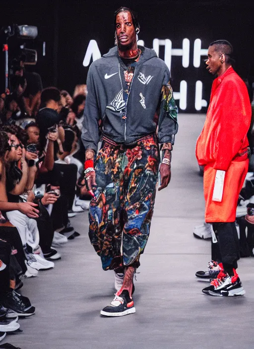 Image similar to hyperrealistic and heavy detailed nike runway show of travis scott, leica sl 2 5 0 mm, vivid color, high quality, high textured, real life