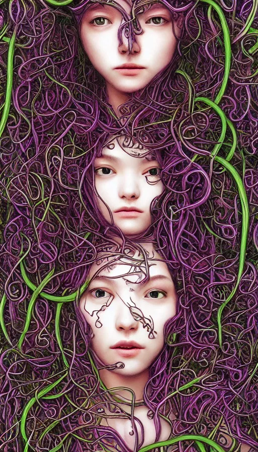 Image similar to very detailed portrait of a 2 0 years old girl surrounded by tentacles, the youg woman visage is blooming from fractal and vines, by yoshitaka amano,