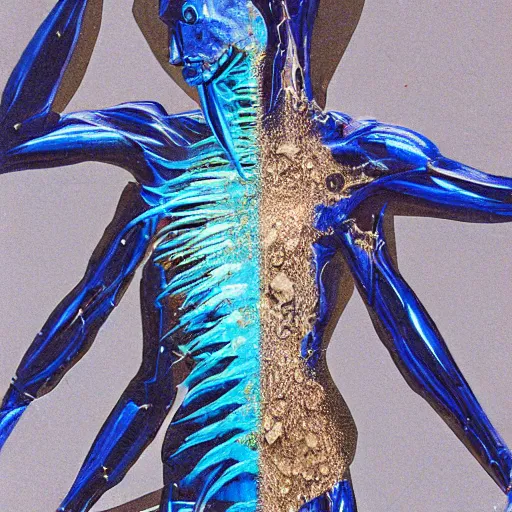 Prompt: blue crystal exploding, 4k (blue)!!, double exposures on 35mm film!, scissor people, scalier skin for moisture retention, adapted to a drier climate, x-chromosome pair of steel scissors joined in the center, Genetic isolation with different environmental pressures yields a variant of yautja by michael vincent, alien anatomyArt by Joel peter Witkin, art by hr Geiger, art by Brom, art by Todd McFarlane, 8k concept art, low poly, cinematic, horror, monsters, fur, shadows, full color, best practice, creature, cinematographic, cinematic, hyper realistic, detailed, 8k, octane render.