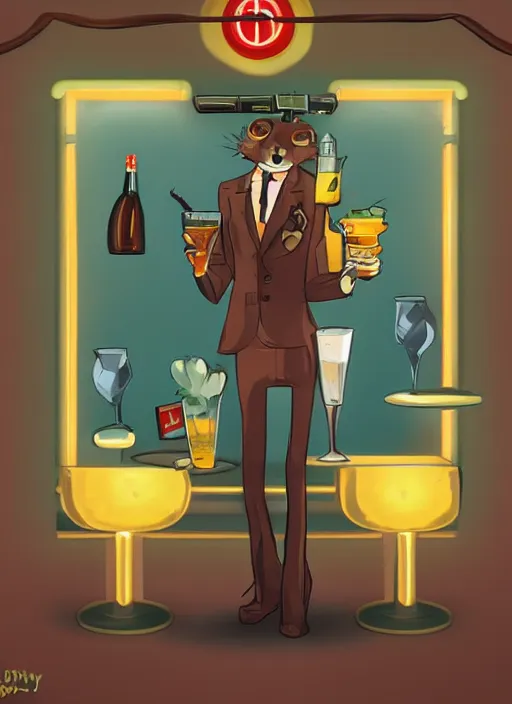 Prompt: squirrel anthro as a dapper bartender with a big fluffy tail, retro futurism, art deco, detailed painterly art style, 🐿🍸🍋, furaffinity, trending on artstation