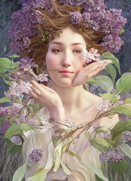 Prompt: a photographic portrait of a anthropomorphic hydrangea blossom goddess spirit, fantasy, wind blowing hair, intricate, elegant, highly detailed, digital painting, artstation, concept art, smooth, sharp focus, illustration, art by artgerm and h r giger and alphonse mucha