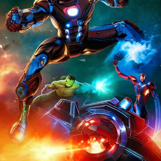 Image similar to the avengers battle one eldritch garfield in space, galaxy, hd, 8 k, explosions, gunfire, lasers, giant, epic, colorful, realistic photo, unreal engine, stars, prophecy, powerful, cinematic lighting, destroyed planet, debris, justice league, movie poster, violent, sinister, ray tracing, dynamic, print, epic composition, dark, moody