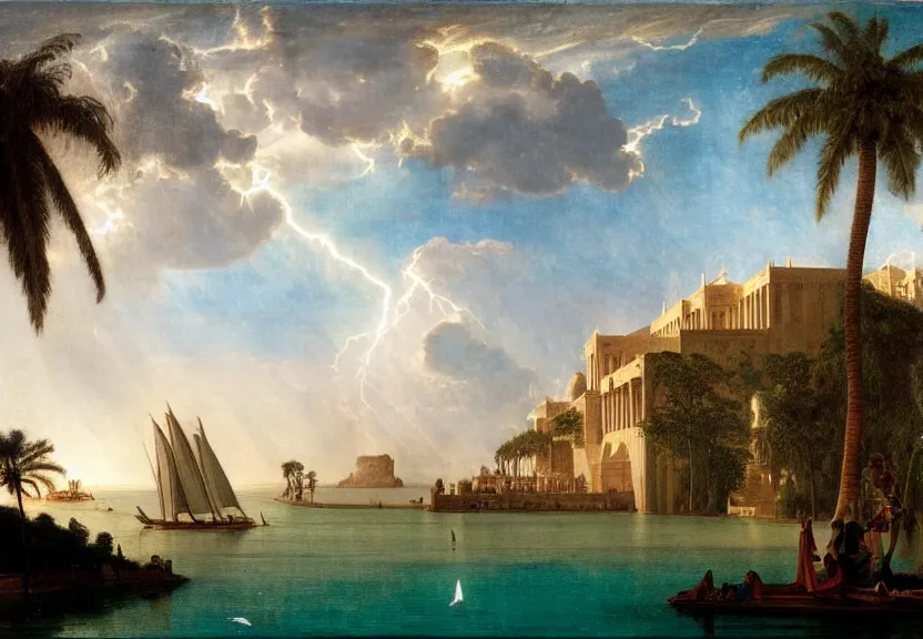 Image similar to Palace floating in the sky, 1km tall, thunderstorm, greek pool, beach and palm trees on the background major arcana sky, by paul delaroche, hyperrealistic 4k uhd, award-winning very detailed