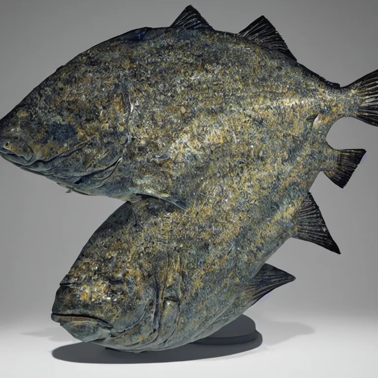 Prompt: hyperrealistic sculpture of a bronze fossilized flounder halibut on a pedestal made of gridded blue silicone and latex by ron mueck and duane hanson and lee bontecou, hyperrealistic dramatic colored lighting trending on artstation 8 k