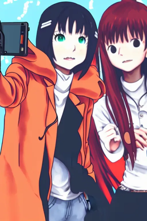 Prompt: lain iwakura and asuka langley as instagram influencers, dslr, nikon, selfie