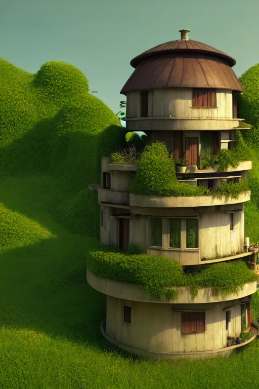 Image similar to cylindrical house, solarpunk, studio ghibli, jean - baptiste monge, octane render, 4 k