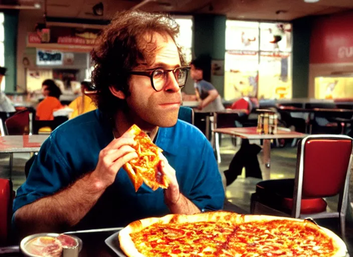 Image similar to portrait of charlie kaufman eating pizza at chuck - e - cheese with sloppy cheesy sauce getting slopped up all over the place, dramatic lighting, moody film still from being john malkovich ( 2 0 0 1 ), 3 5 mm kodak color stock, 2 4 mm lens, directed by spike jonze, ecktochrome