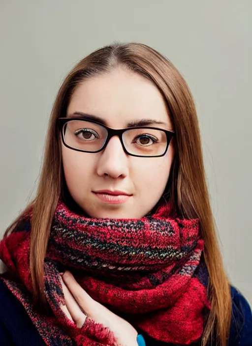 Prompt: portrait of a 2 3 year old woman wearing glasses, symmetrical face, scarf, she has the beautiful calm face of her mother, slightly smiling, ambient light
