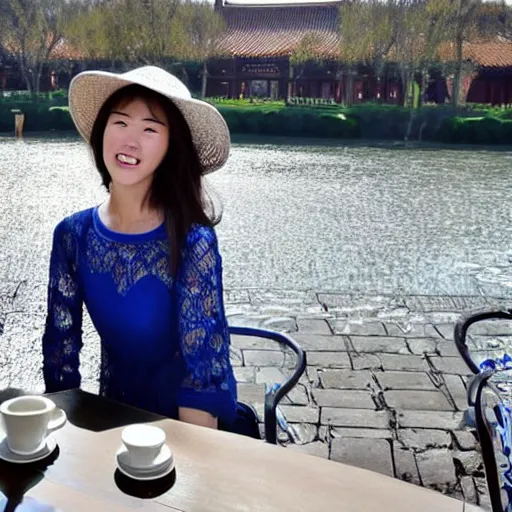 Prompt: a beautiful woman wearing a blue lace top and a white hat, drinking coffee by a river in beijing