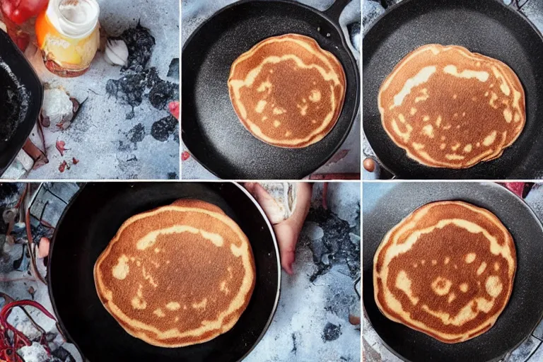 Prompt: demogorgon stands next to the stove and bakes pancakes in a frying pan