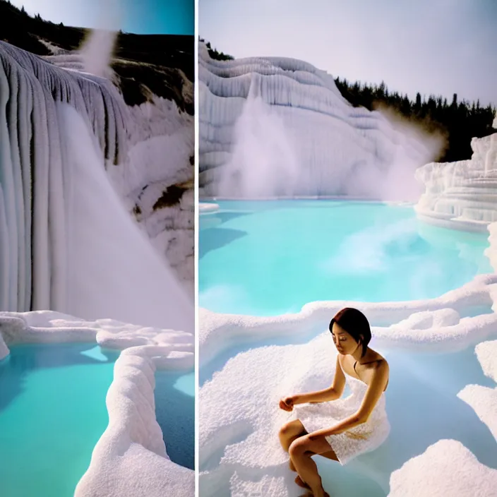 Image similar to Kodak Portra 400, 8K, soft light, volumetric lighting, highly detailed, britt marling style 3/4 ,portrait photo of Kasumi Arimura, the face emerges from Pamukkale, thermal waters flowing down white travertine terraces, inspired by Ophelia paint , a beautiful lace dress and hair are intricate with highly detailed realistic beautiful flowers , Realistic, Refined, Highly Detailed, natural outdoor soft pastel lighting colors scheme, outdoor fine art photography, Hyper realistic, photo realistic