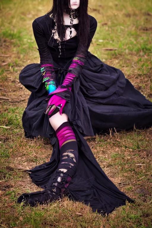 Image similar to full - length photo, young woman, sitting on her knees, gothic clothes, 4 k, colourful