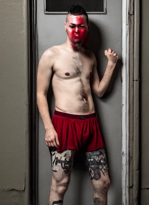 Prompt: a young man of 2 5 years old, with a bruised face and bruises, is standing in a doorway in a boxer's stance, casual clothing style, details, daria kelly, ricky marts, sergio jimenez, david fincher film, manga style, hairstyle red mohawk, cold colors, comics style, 8 k