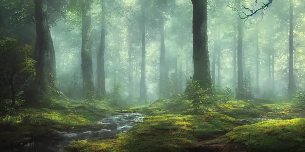 Image similar to A highly detailed matte oil painting of a forest by Mokoto Shinkai, hyperrealistic, breathtaking, beautiful composition, by Artgerm, by beeple, by Studio Ghibli, volumetric lighting, octane render, 4K resolution, trending on artstation